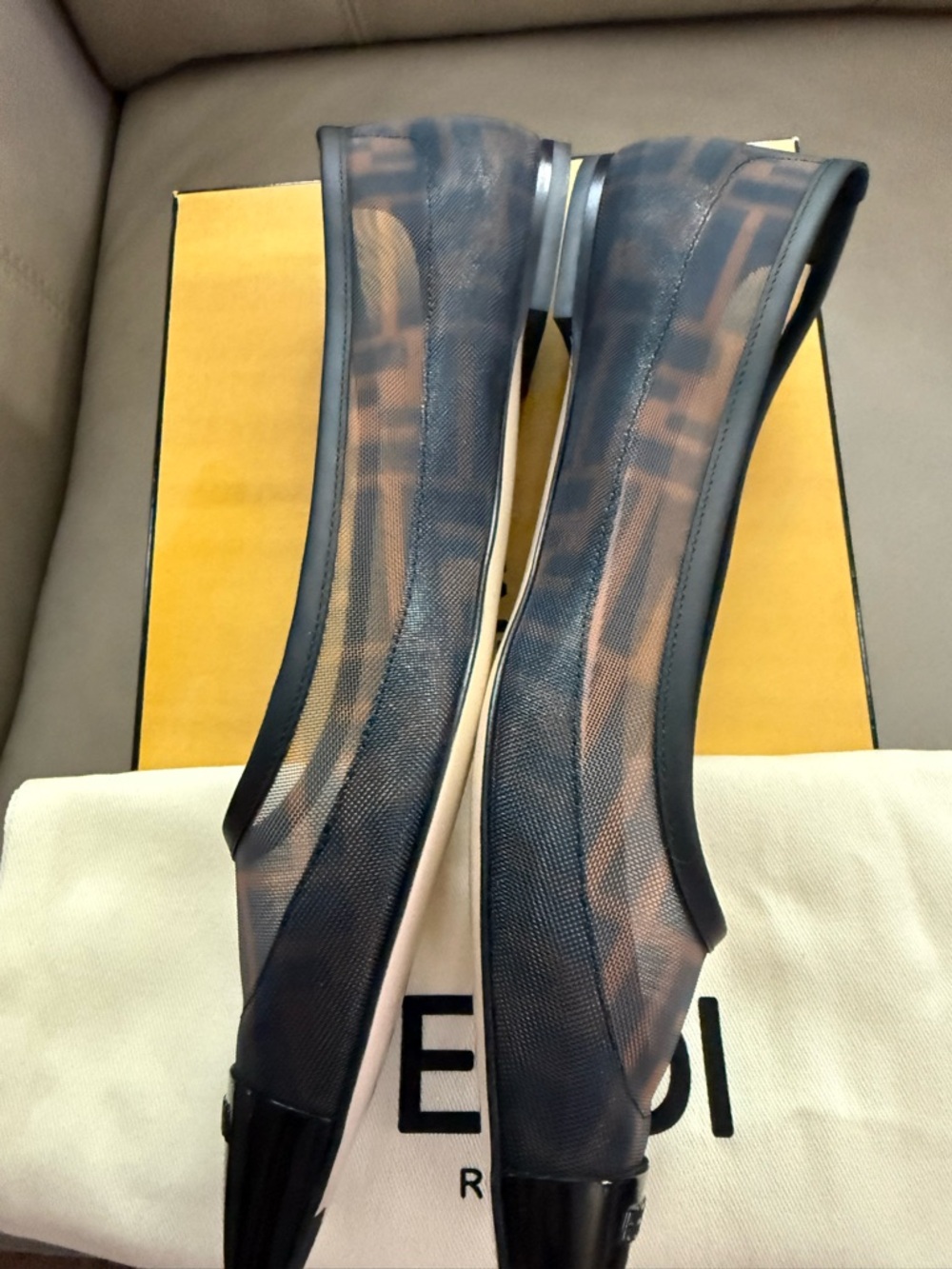 Fendi Black Pointed Mesh Flats with Nude Insole - Picture 4 of 5